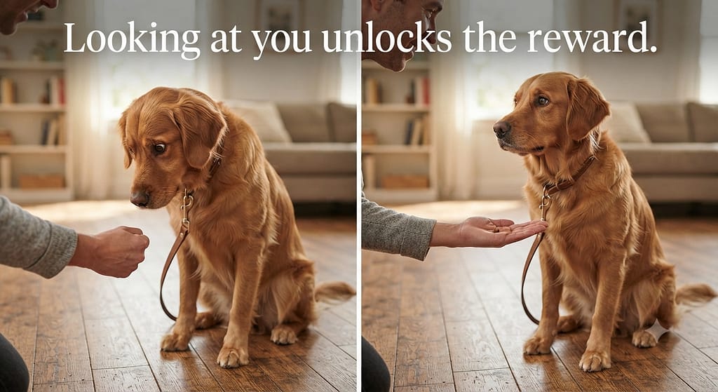 Eye contact sequence (2 images) 1. Dog looking at hand / 2. Dog looking at owner's face. Text: "Looking at you unlocks the reward."