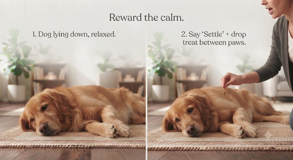 Capturing calmness sequence (2 images) 1. Dog lying down, relaxed / 2. Say "Settle" + drop treat between paws. Text: "Reward the calm."