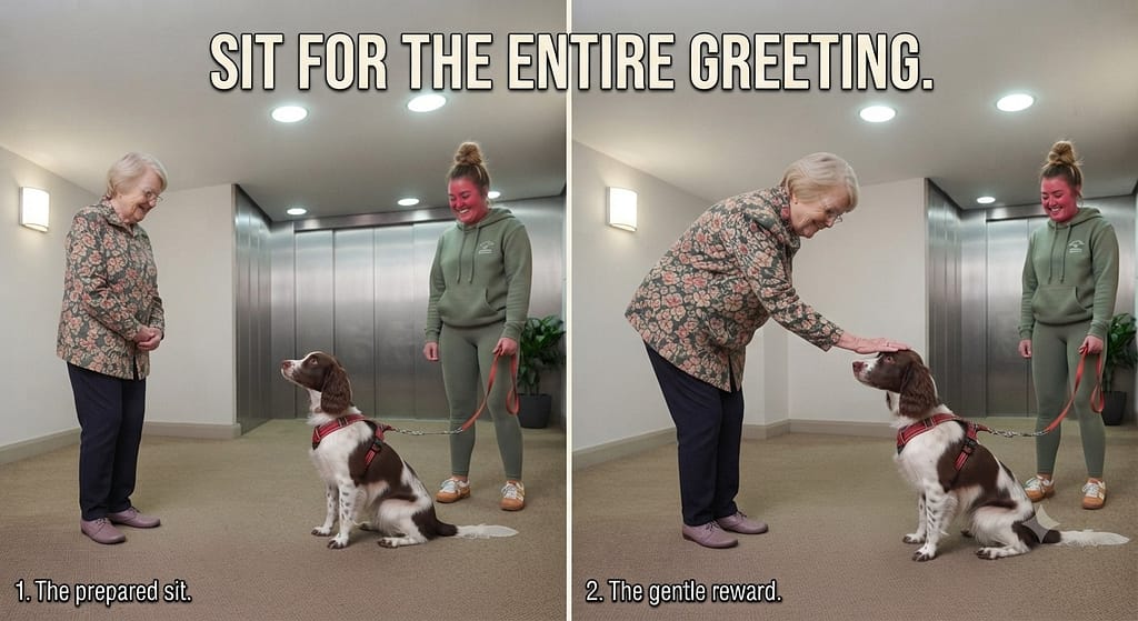 Greeting sequence (2 images) 1. Dog sits / 2. Friend pets gently. Text: "Sit for the entire greeting."