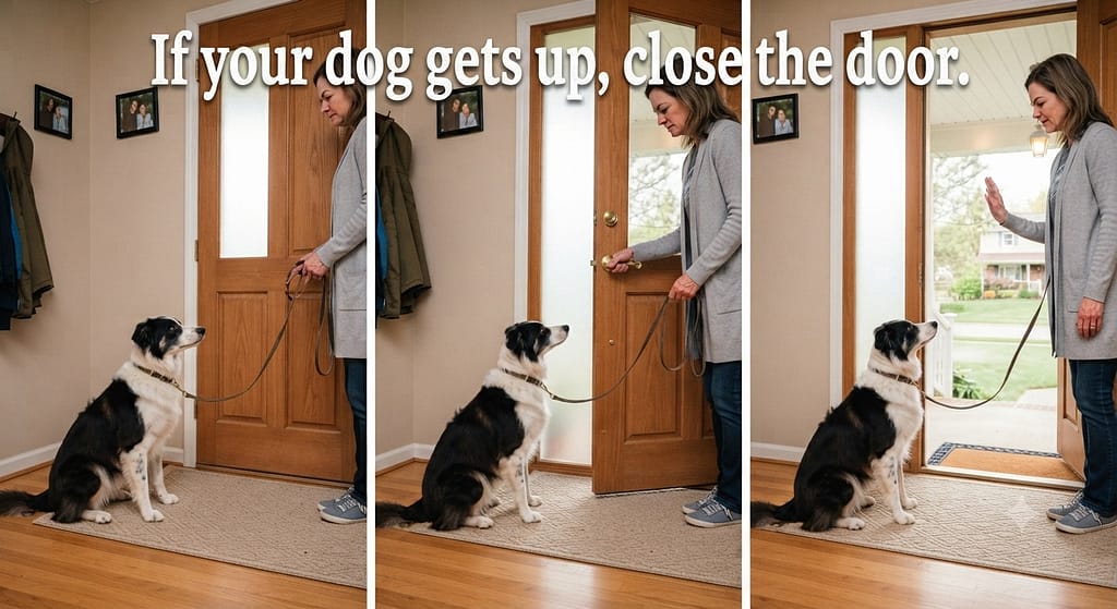 Leashed door sequence (3 images) 1. Dog sits 6 ft away / 2. Open crack / 3. Dog stays, release. Text: "If your dog gets up, close the door."