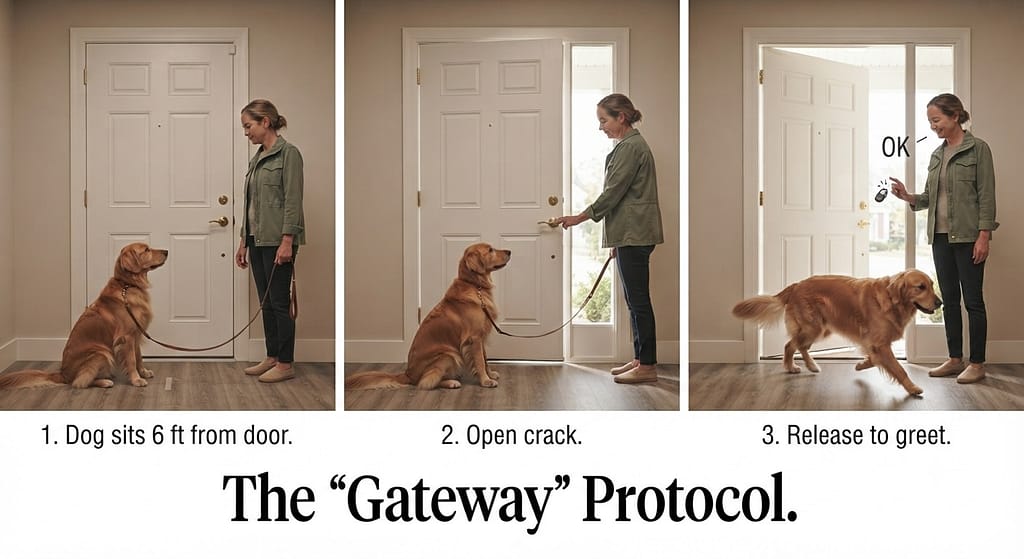 Door training sequence (3 images) 1. Dog sits 6 ft from door / 2. Open crack / 3. Release to greet. Text: "The 'Gateway' Protocol."