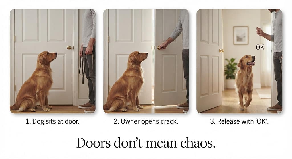 Doorway wait sequence (3 images) 1. Dog sits at door / 2. Owner opens crack / 3. Release with "OK." Text: "Doors don't mean chaos."