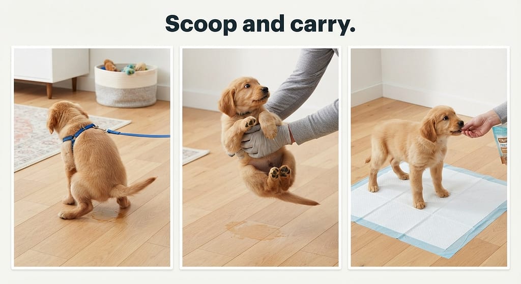 Accident interruption sequence (3 images) 1. Dog squatting / 2. Owner picks up / 3. Places on pad, reward. Text: "Scoop and carry."