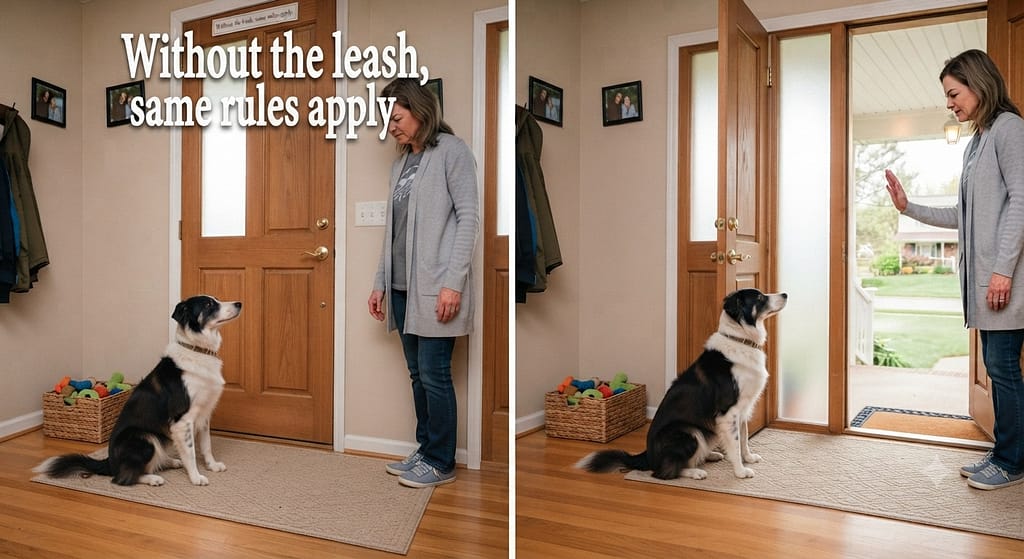 Unleashed door sequence (2 images) 1. Dog stays / 2. Door opens, dog waits, release. Text: "Without the leash, same rules apply."
