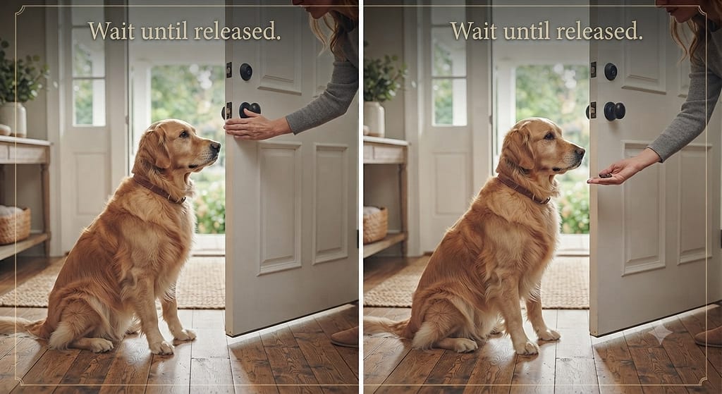 Front door fully open sequence (2 images) 1. Door fully open / 2. Dog stays, release. Text: "Wait until released."
