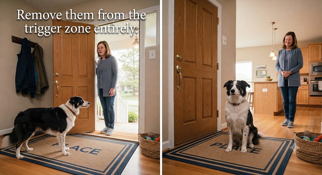 Place at door sequence (2 images) 1. Doorbell rings / 2. Dog goes to "Place" mat. Text: "Remove them from the trigger zone entirely."
