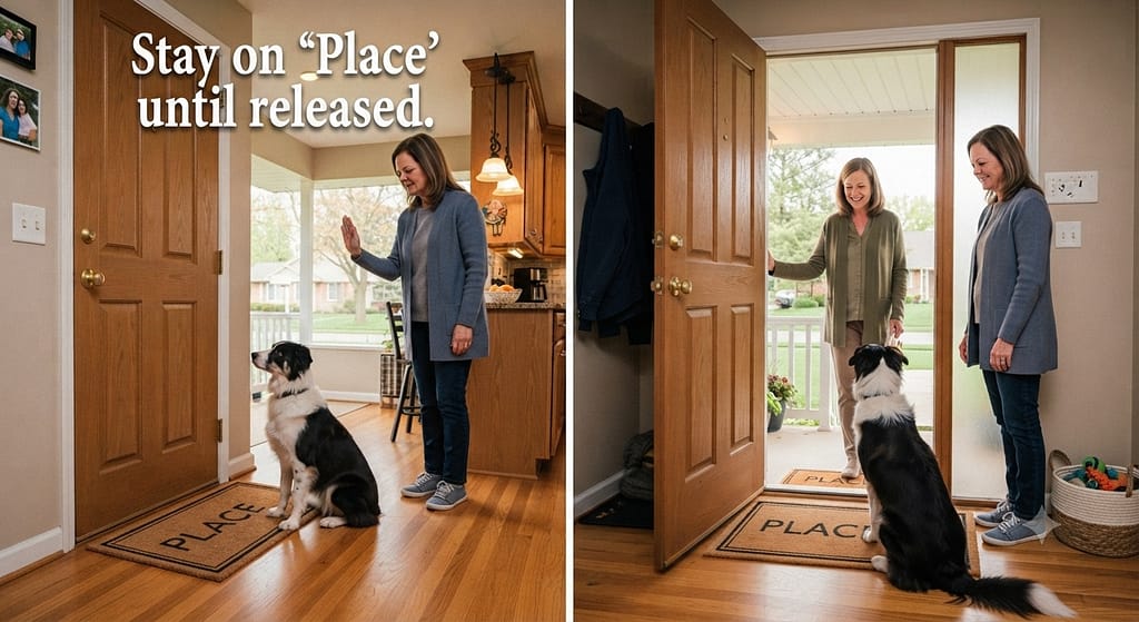 Place for greetings sequence (2 images) 1. Doorbell rings, dog goes to "Place" / 2. Guest enters, dog stays, release. Text: "Stay on 'Place' until released."