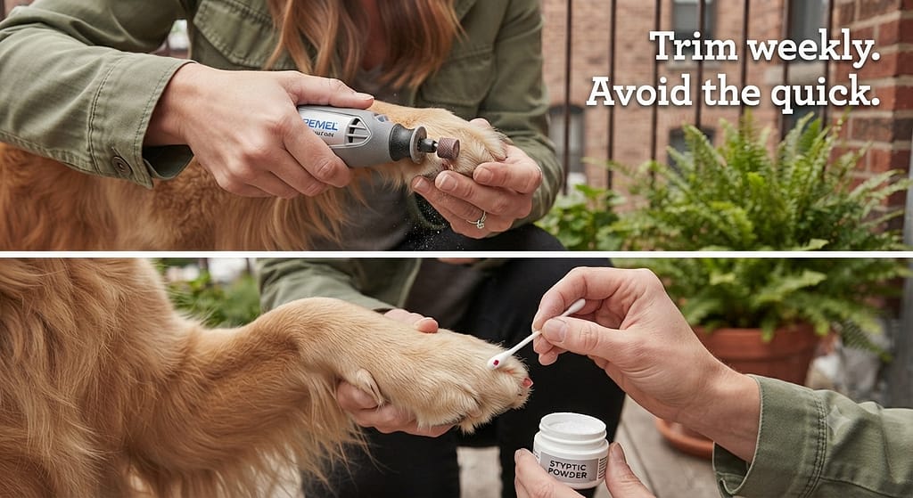 Nail trim sequence (2 images) 1. Dremel grinder / 2. Styptic powder. Text: "Trim weekly. Avoid the quick."