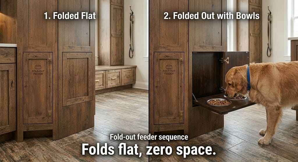 Fold-out feeder sequence (2 images) 1. Folded flat / 2. Folded out with bowls. Text: "Folds flat, zero space."