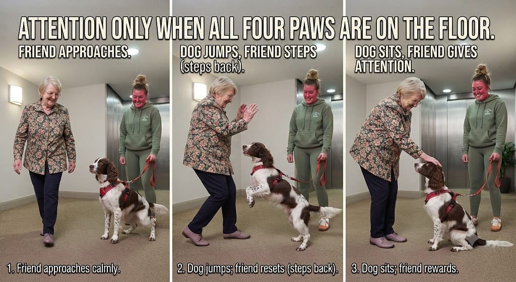Approach sequence (3 images) 1. Friend approaches / 2. Dog jumps, friend steps back / 3. Dog sits, friend gives attention. Text: "Attention only when all four paws are on the floor."