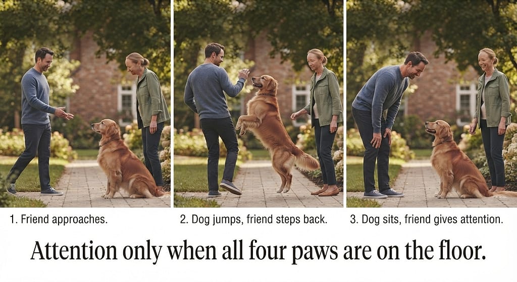 Sit for greeting sequence (3 images) 1. Friend approaches / 2. Dog jumps, friend steps back / 3. Dog sits, friend gives attention. Text: "Attention only when all four paws are on the floor."