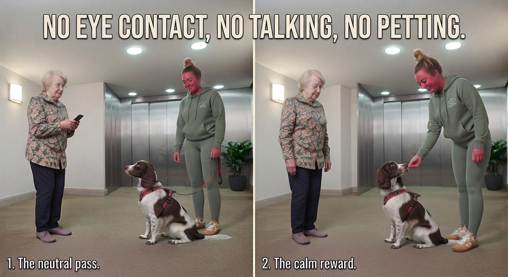 Ignoring sequence (2 images) 1. Friend ignores dog / 2. Reward for neutrality. Text: "No eye contact, no talking, no petting."