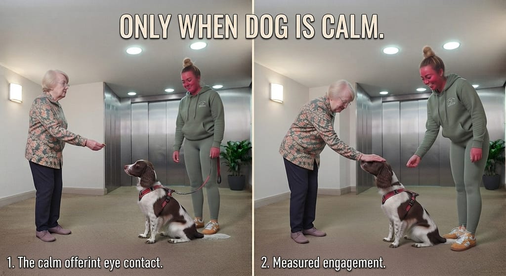 Gradual attention sequence (2 images) 1. Friend offers treat without eye contact / 2. Slowly offers attention when calm. Text: "Only when dog is calm."