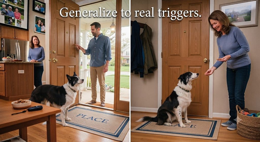 Doorbell outside sequence (2 images) 1. Friend outside rings / 2. Dog goes to "Place," reward. Text: "Generalize to real triggers."