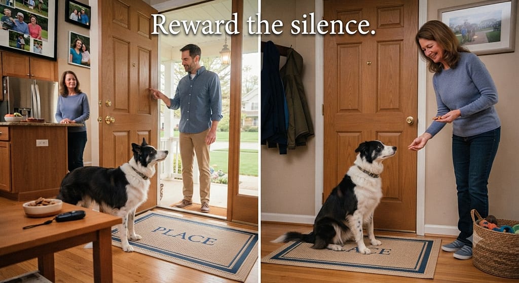 Doorbell inside sequence (2 images) 1. Friend rings bell / 2. Dog quiet, reward. Text: "Reward the silence."