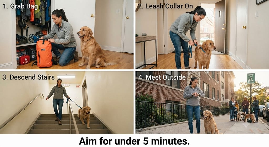 Evacuation sequence (4 images) 1. Grab bag / 2. Leash collar on / 3. Descend stairs / 4. Meet outside. Text: "Aim for under 5 minutes."