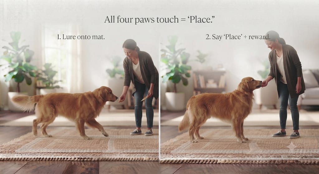 Introduction sequence (2 images) 1. Lure onto mat / 2. Say "Place" + reward. Text: "All four paws touch = 'Place.'"