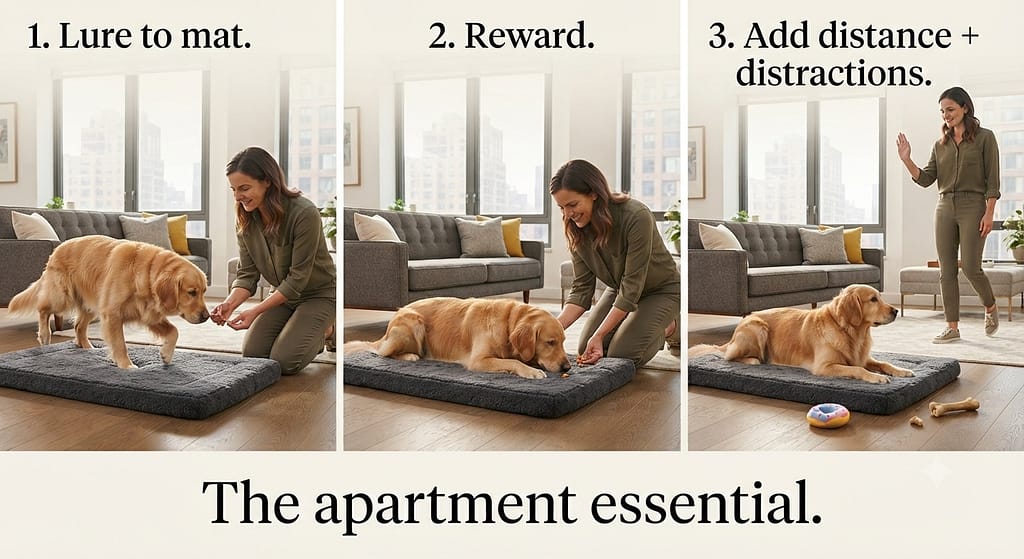 Place command sequence (3 images) 1. Lure to mat / 2. Reward / 3. Add distance + distractions. Text: "The apartment essential."