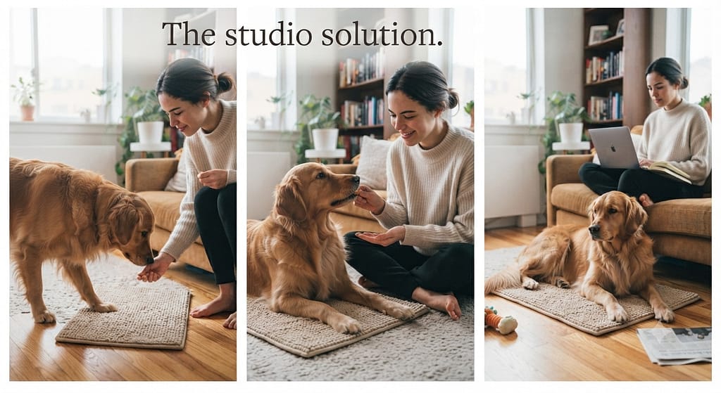 Place training sequence (3 images) 1. Lure to mat / 2. Reward on mat / 3. Add distractions. Text: "The studio solution."