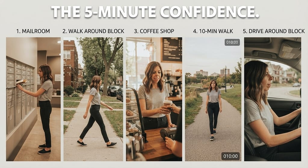 Neighborhood flit sequence (5 images) 1. Mailroom / 2. Walk around block / 3. Coffee shop / 4. 10-min walk / 5. Drive around block. Text: "The 5-Minute Confidence."