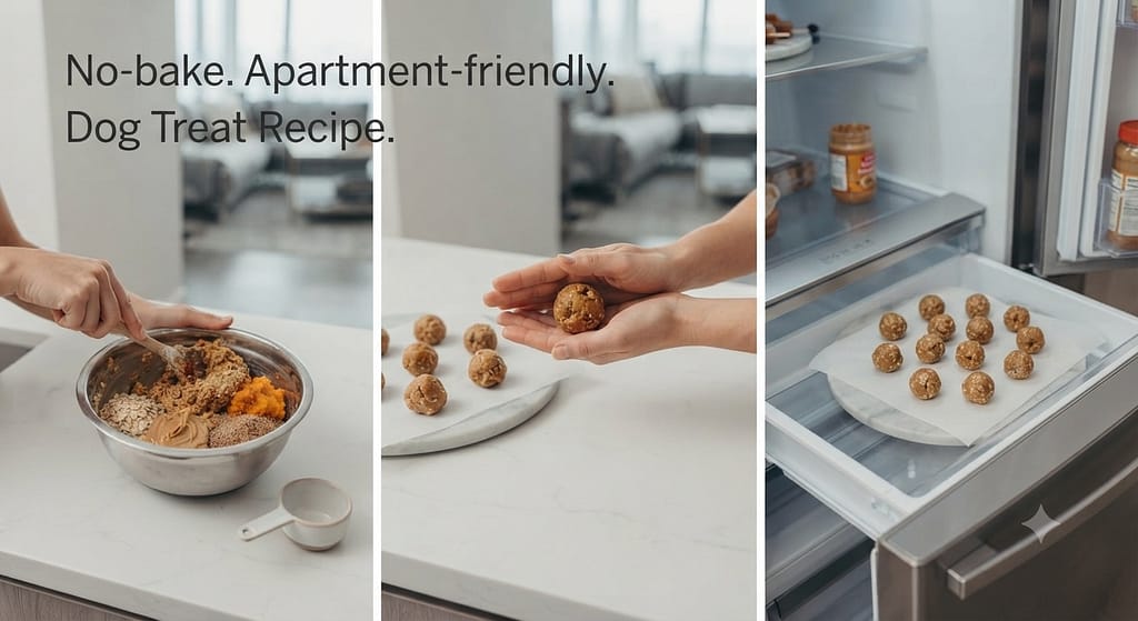 Recipe step sequence (3 images) 1. Mix ingredients / 2. Roll into balls / 3. Refrigerate. Text: "No-bake. Apartment-friendly."