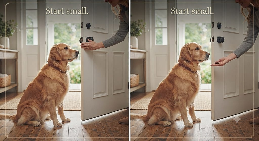 Front door crack sequence (2 images) 1. Open crack / 2. Dog stays, reward. Text: "Start small."
