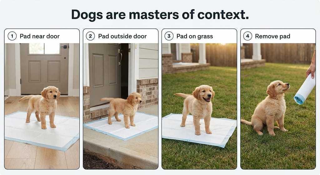 Transition sequence (4 images) 1. Pad near door / 2. Pad outside door / 3. Pad on grass / 4. Remove pad. Text: "Dogs are masters of context."