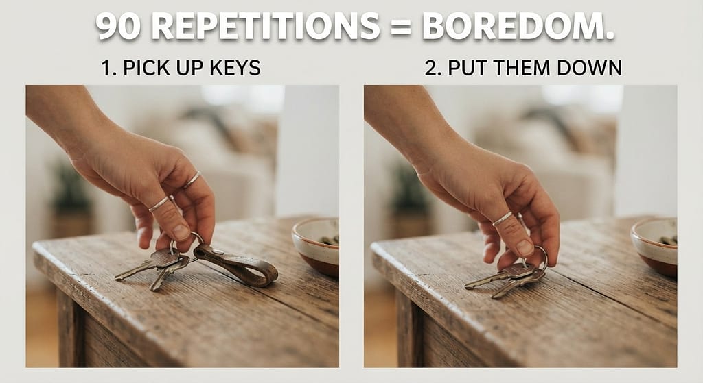 Key drop sequence (2 images) 1. Pick up keys / 2. Put them down. Text: "90 repetitions = boredom."