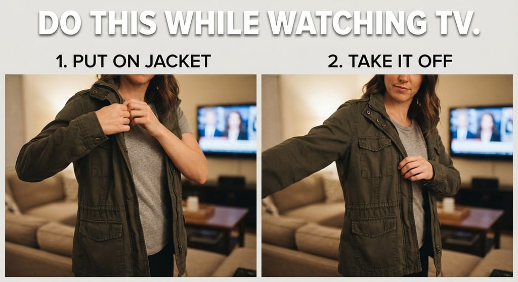 Jacket on/off sequence (2 images) 1. Put on jacket / 2. Take it off. Text: "Do this while watching TV."