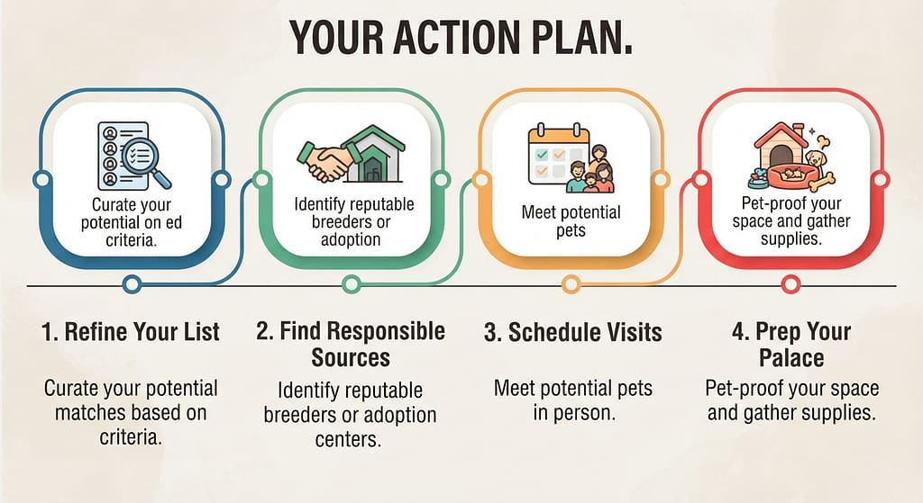 4-step action plan graphic 1. Refine Your List / 2. Find Responsible Sources / 3. Schedule Visits / 4. Prep Your Palace. Text: "Your action plan."