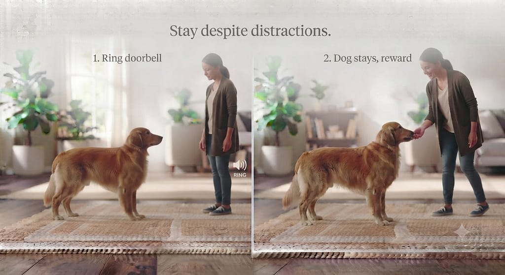 Distraction sequence (2 images) 1. Ring doorbell / 2. Dog stays, reward. Text: "Stay despite distractions."