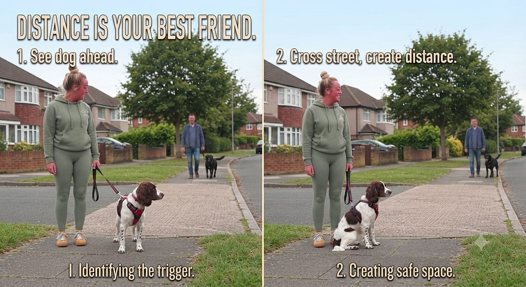 5-foot rule sequence (2 images) 1. See dog ahead / 2. Cross street, create distance. Text: "Distance is your best friend."
