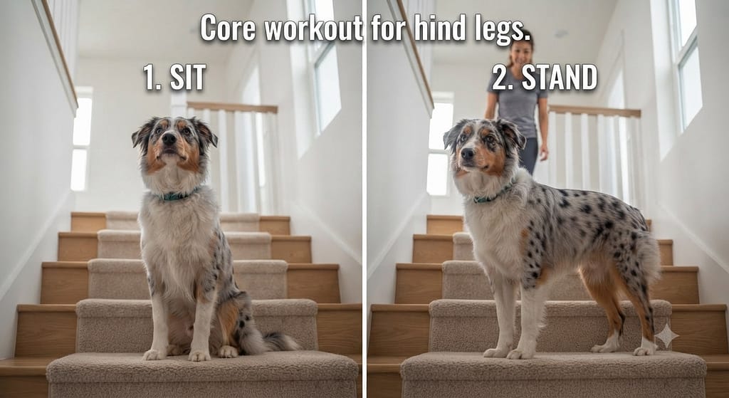 Sit-to-stand sequence (2 images) 1. Sit / 2. Stand. Text: "Core workout for hind legs."