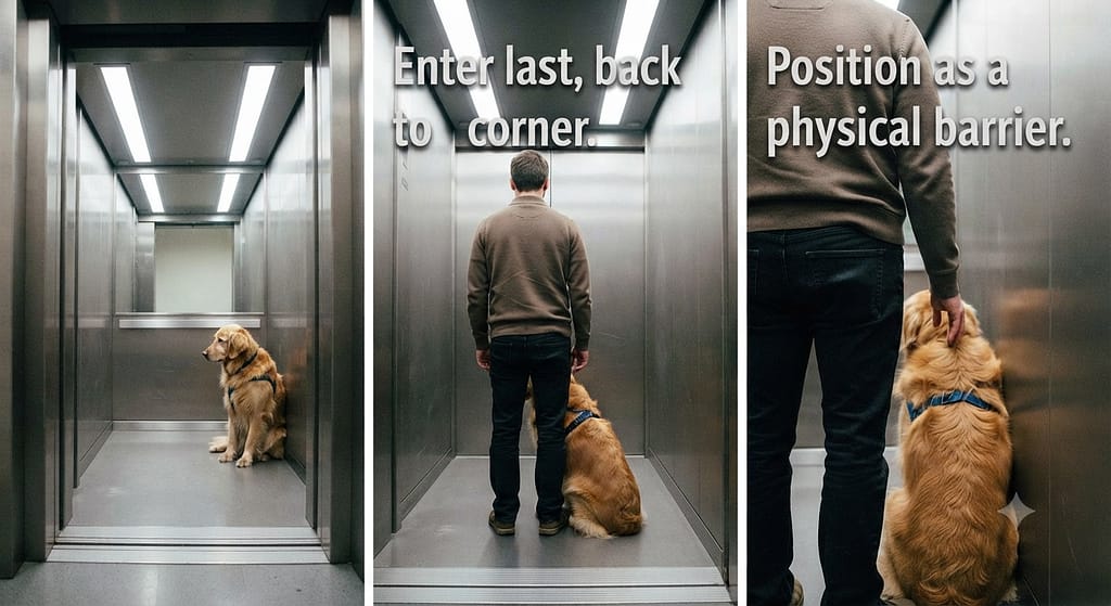 Elevator positioning sequence (3 images) 1. Sit in hallway corner / 2. Enter last, back to corner / 3. Face wall, block view. Text: "Position as a physical barrier."