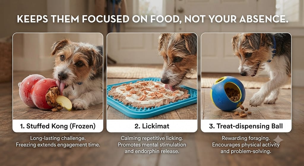 Toy comparison grid 1. Stuffed Kong (frozen) / 2. Lickimat / 3. Treat-dispensing ball. Text: "Keeps them focused on food, not your absence."