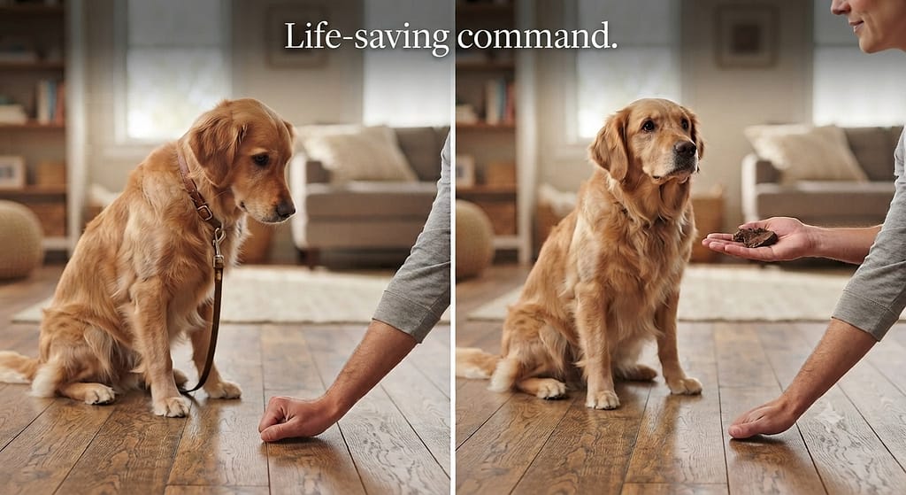 Hand leave it sequence (2 images) 1. Treat in closed fist / 2. Dog stops, reward from other hand. Text: "Life-saving command."