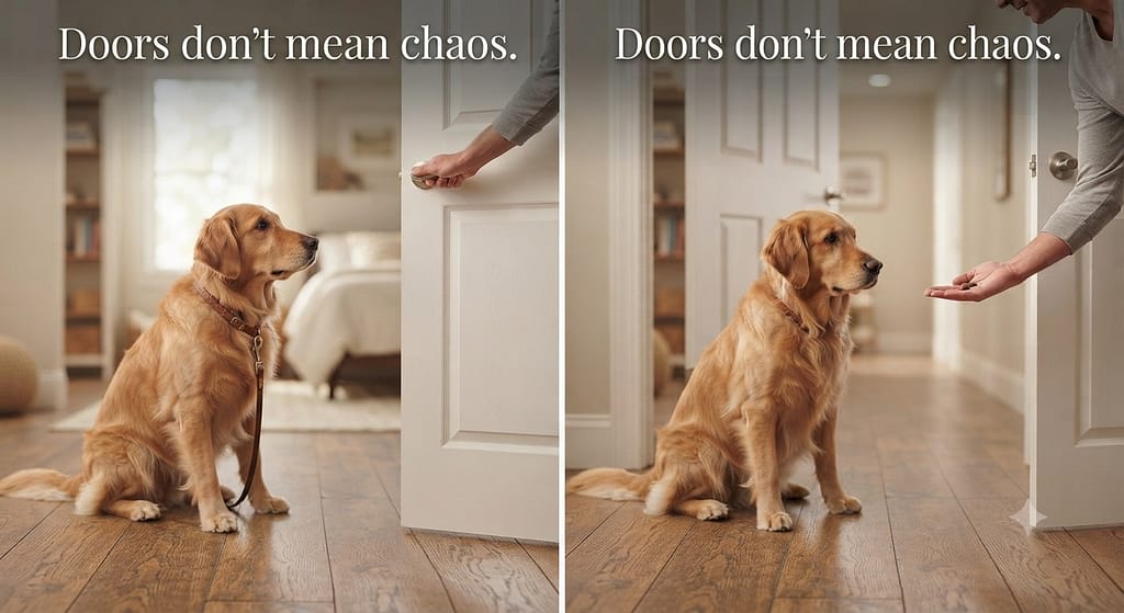 Hand leave it sequence (2 images) 1. Treat in closed fist / 2. Dog stops, reward from other hand. Text: "Life-saving command."
