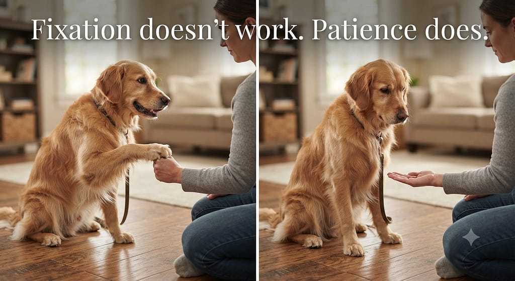 Closed fist sequence (2 images) 1. Treat in closed fist, dog pawing / 2. Dog stops, open fist + reward. Text: "Fixation doesn't work. Patience does."