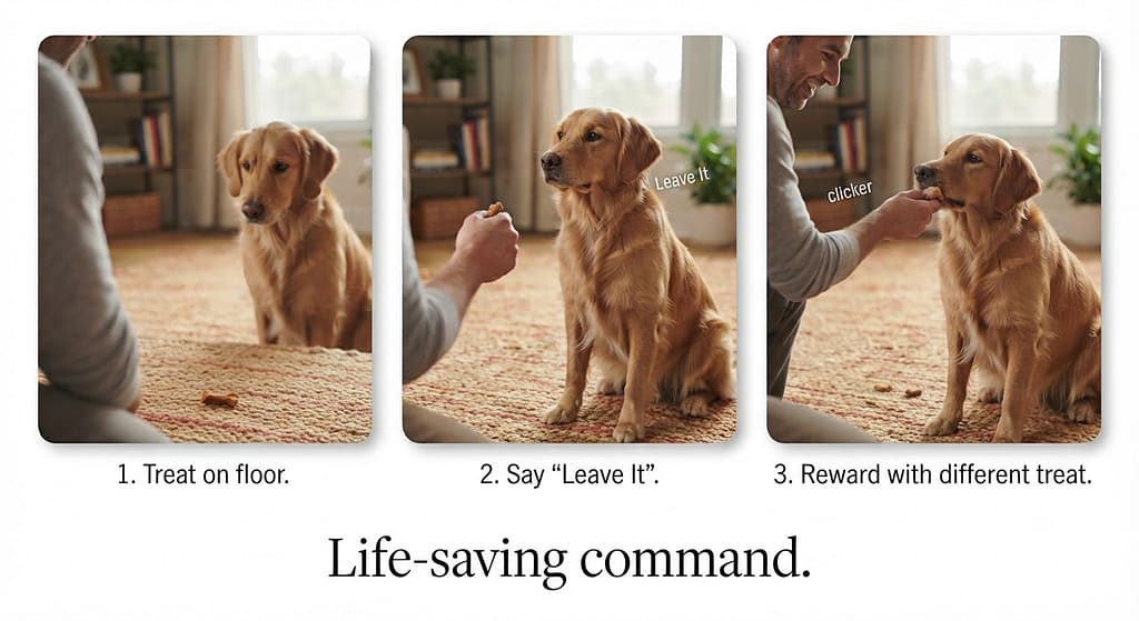 Leave it sequence (3 images) 1. Treat on floor / 2. Say "Leave It" / 3. Reward with different treat. Text: "Life-saving command."
