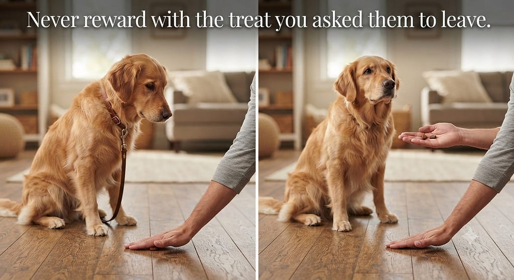 Floor challenge sequence (2 images) 1. Treat on floor covered by hand / 2. Dog backs away, reward from other hand. Text: "Never reward with the treat you asked them to leave."