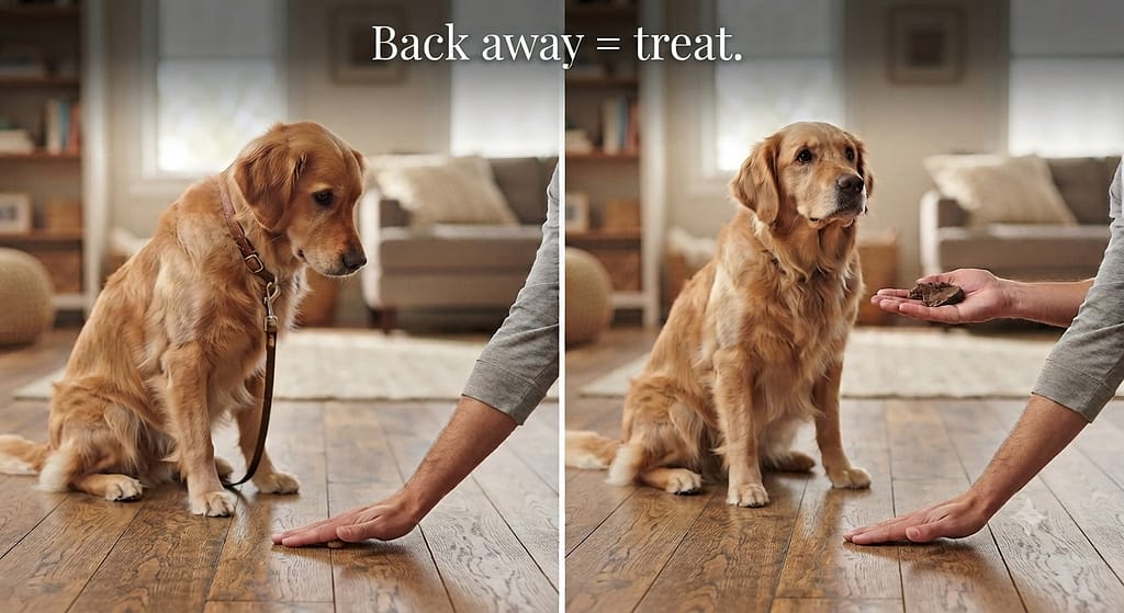 Floor leave it sequence (2 images) 1. Treat on floor covered by hand / 2. Dog backs away, reward. Text: "Back away = treat."