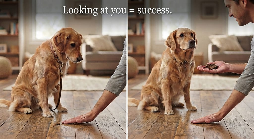 Uncovered leave it sequence (2 images) 1. Treat on floor uncovered / 2. Dog ignores, reward. Text: "Looking at you = succes