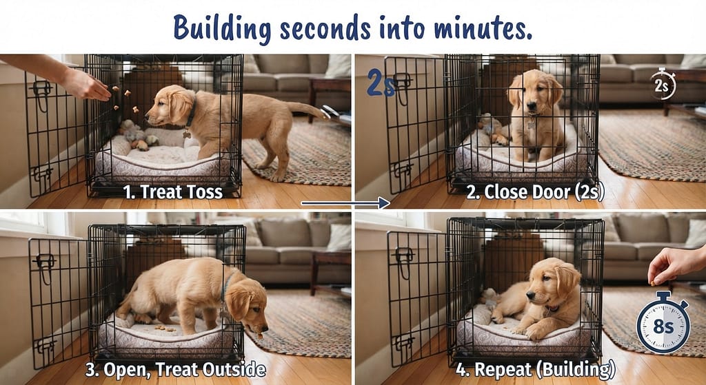 Duration training sequence (4 images) 1. Treat toss / 2. Close door 2 sec / 3. Open, treat outside / 4. Repeat. Text: "Building seconds into minutes."