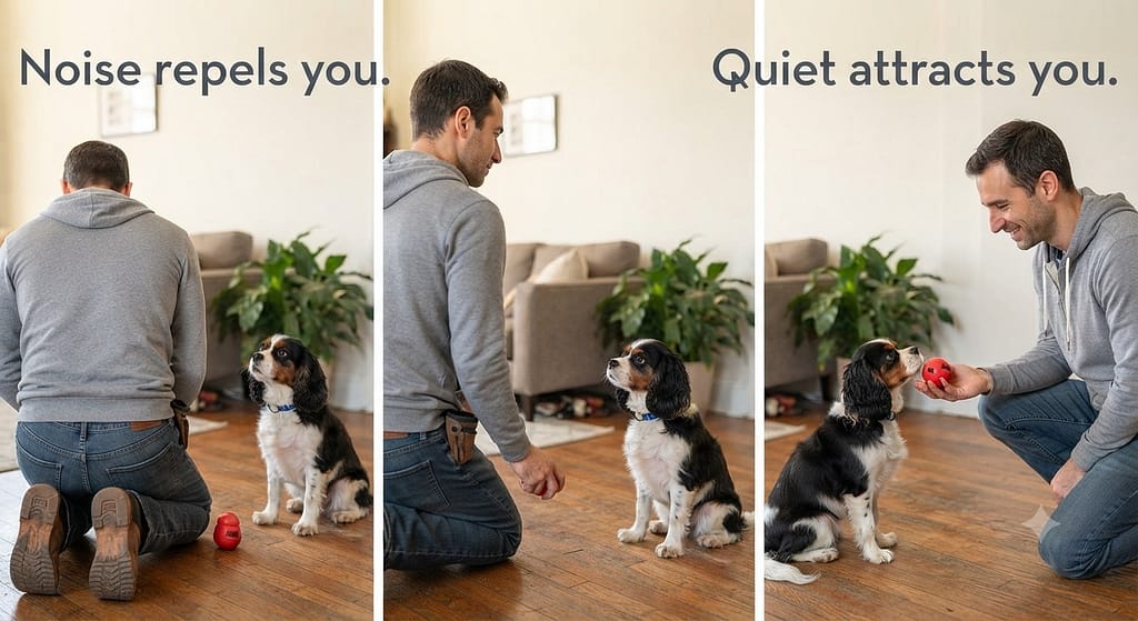 gnore + reward sequence (3 images) 1. Turn back / 2. Wait for quiet / 3. Reward silence. Text: "Noise repels you. Quiet attracts you."