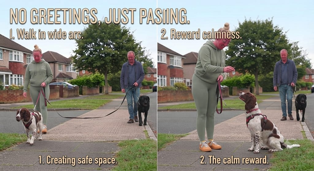 Walk-by sequence (2 images) 1. Walk in wide arc / 2. Reward calmness. Text: "No greetings, just passing