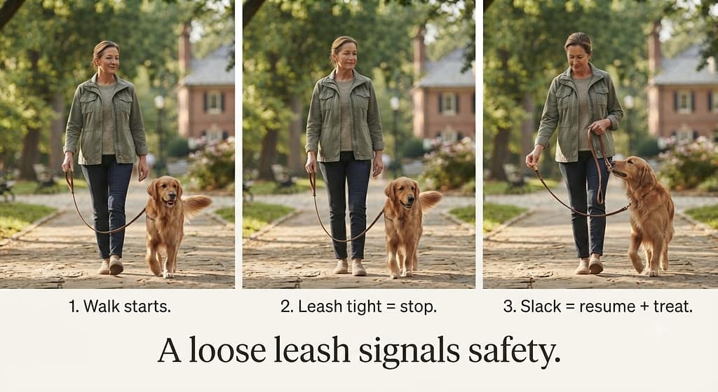 Loose leash sequence (3 images) 1. Walk starts / 2. Leash tight = stop / 3. Slack = resume + treat. Text: "A loose leash signals safety."
