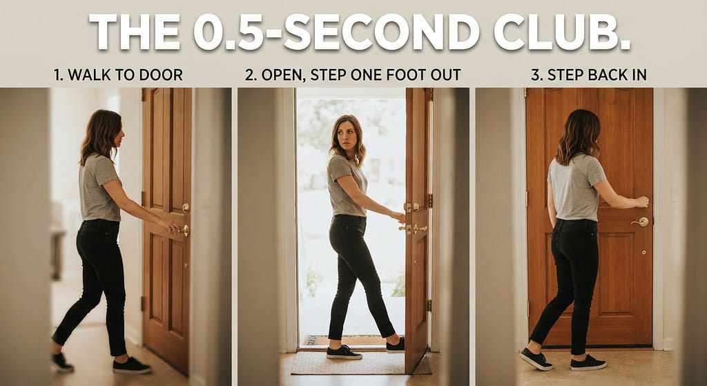 Doorway flit sequence (3 images) 1. Walk to door / 2. Open, step one foot out / 3. Step back in. Text: "The 0.5-Second Club."