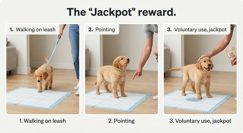 Independent use sequence (3 images) 1. Walking on leash to pad / 2. Pointing / 3. Voluntary use, jackpot reward. Text: "The 'Jackpot' reward."