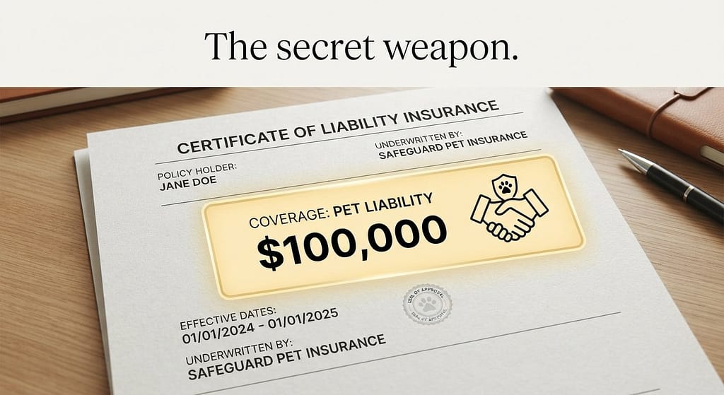 Insurance policy mockup $100,000 liability coverage highlighted. Text: "The secret weapon."