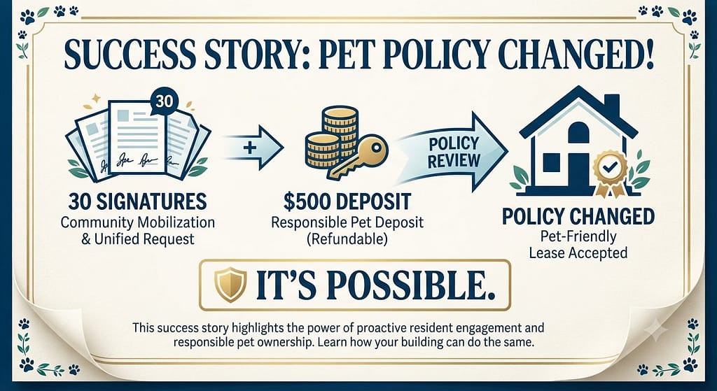 Success story graphic 30 signatures + $500 deposit = policy changed. Text: "It's possible."
